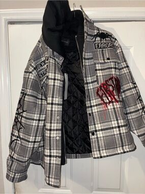 Men's Gray Plaid Hooded Style Jacket with Red Graphic Detail